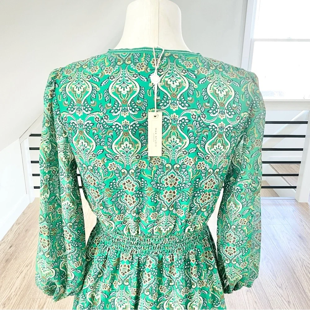 XS Max Studio London green and gold floral, print long sleeve dress - Picture 9 of 9